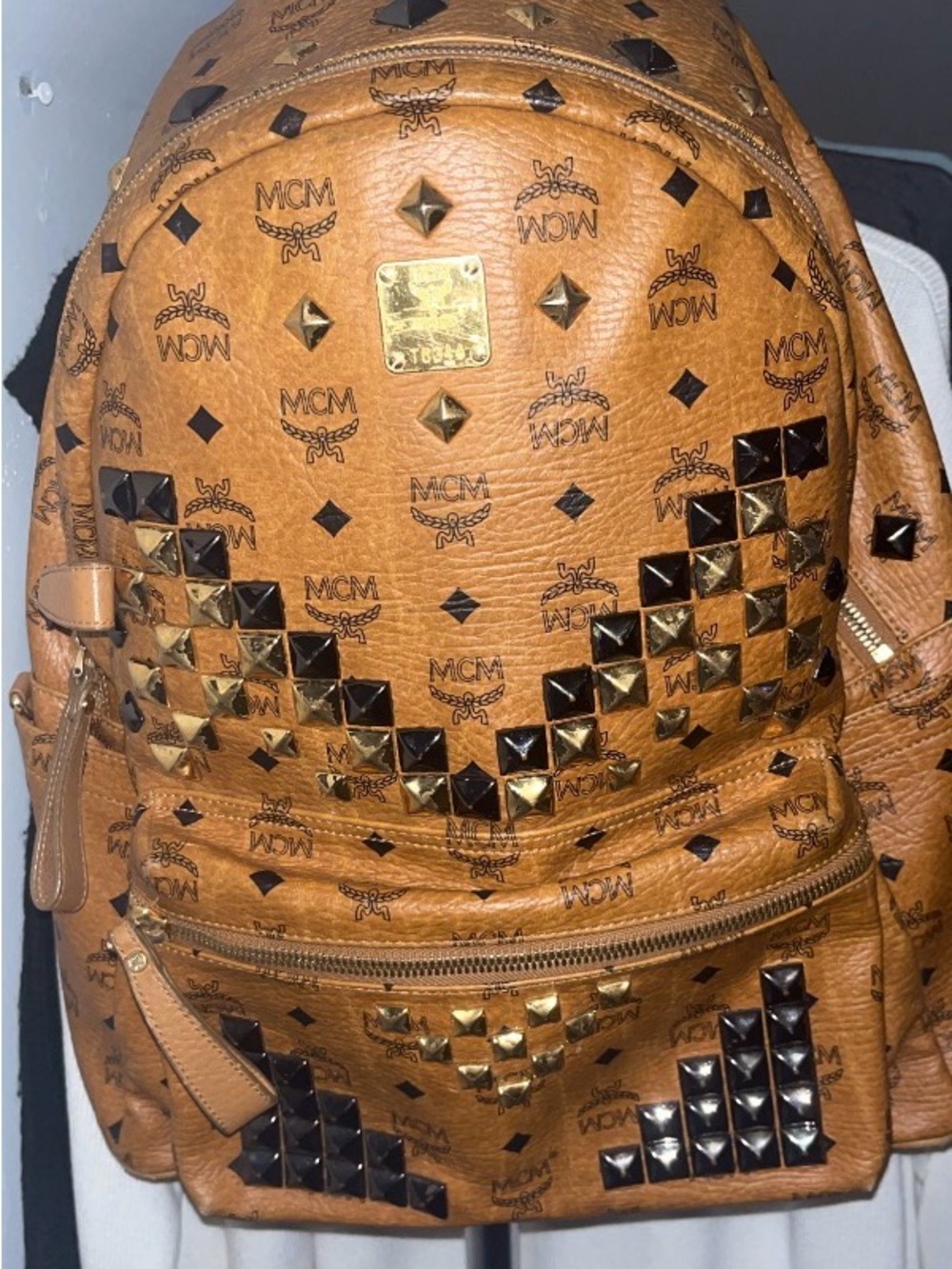 MCM Cognac Logo Studded Leather Backpack